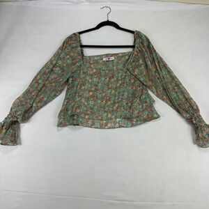 Boho Floral Sheer Peasant Blouse Long Sleeve Square Neck Top Women's S‎